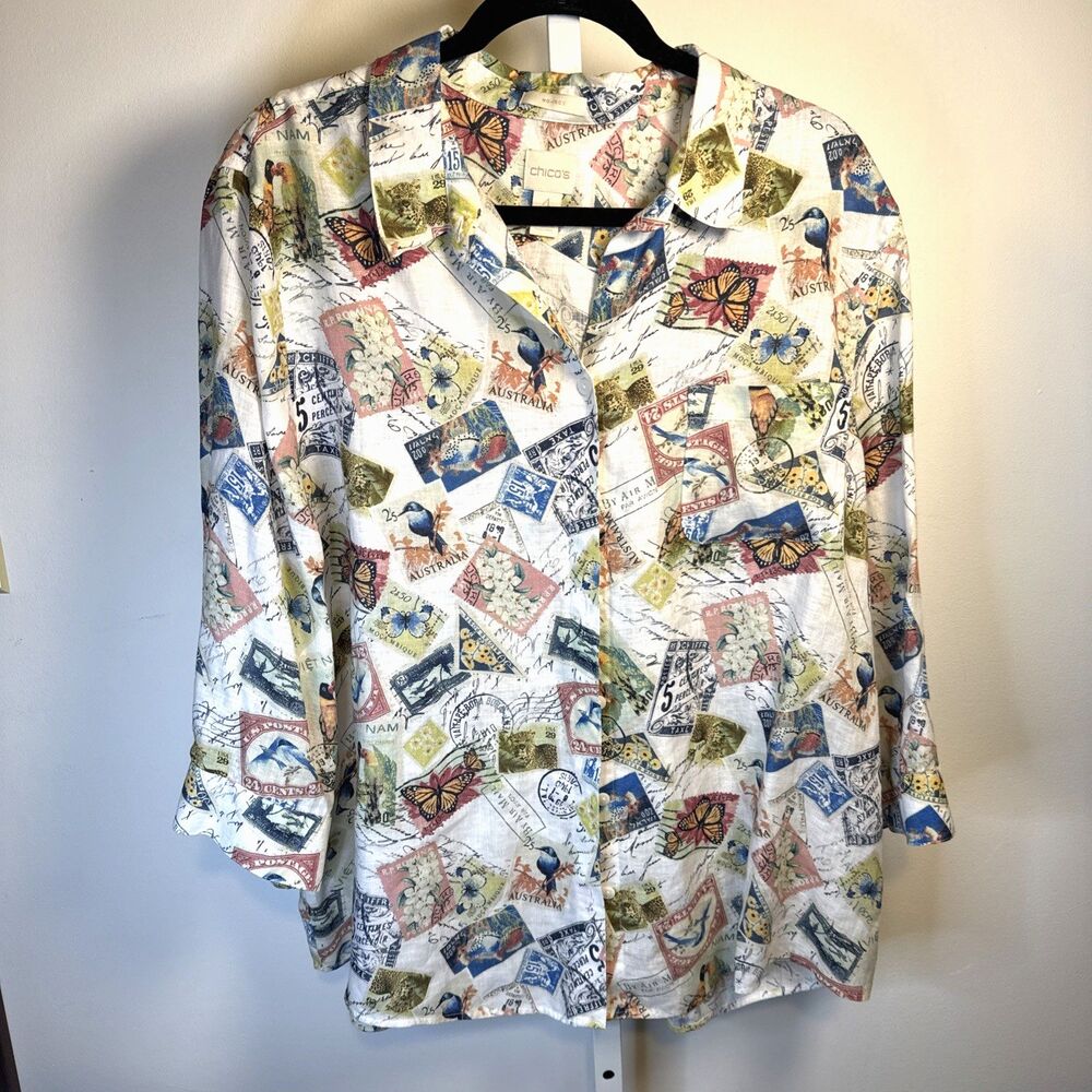 Chico's 4 XL White Linen Vintage Stamps Print Button Up Blouse Novelty Boho